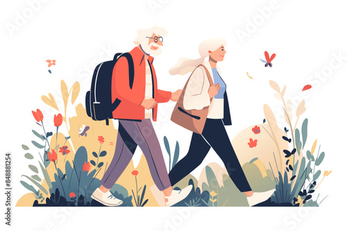 Senior man and woman walk on nature in park. Healthy lifestyle of pair family. An elderly person moves towards longevity and well-being. Vector cartoon illustration