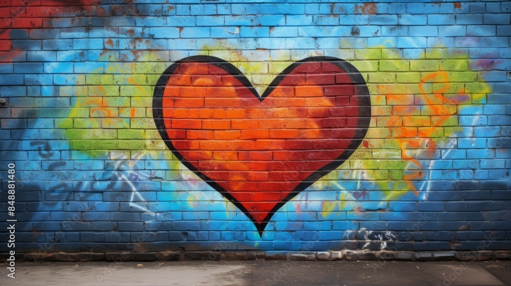 Naklejka premium A heart-shaped graffiti mural with bold, vibrant colors and a stylized design, painted on a weathered brick wall.