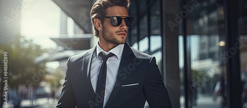 A young stylish and confident businessman in a suit poses on the street in sunglasses with a high fashion look leaving a striking impression in the photograph with copy space image © Ilgun
