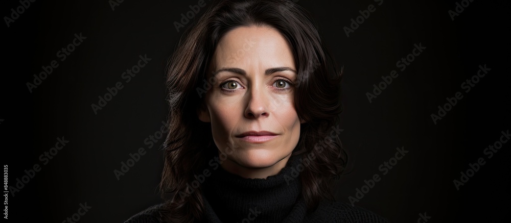 A brunette middle aged woman in a black turtleneck sweater poses confidently against a dark backdrop in the portrait with room for additional images A brunette middle aged woman in a black turtleneck sweater poses confidently against a dark backdrop in the portrait with room for additional images