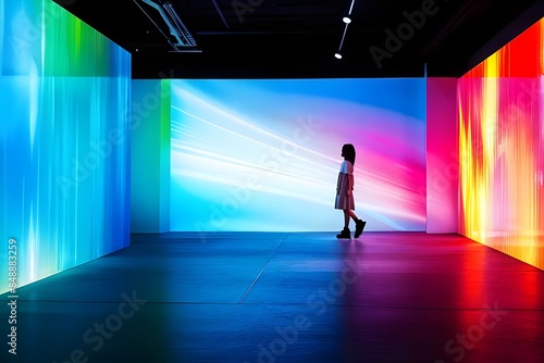 Abstract room with color-changing walls and auditory distortions creating a surreal, hallucinatory experience.