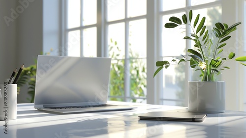 Wallpaper Mural A high-resolution image of a modern office workspace with a sleek laptop, a stylish cup of coffee, a potted plant, and a notebook with a pen Torontodigital.ca