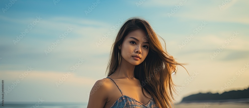Attractive young lady enjoying the beach with a stunning background and room for text or an image. Copy space image. Place for adding text and design Attractive young lady enjoying the beach with a stunning background and room for text or an image. Copy space image. Place for adding text and design