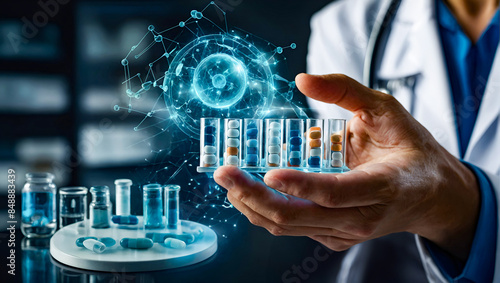 Medicine doctor researching capsule pill effectiveness on hologram interface, digital healthcare and medical network concept.