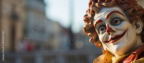 A close up view of the Pulcinello statue s head in Naples representing a joker and clown with selective focus on the subject providing copy space image photo
