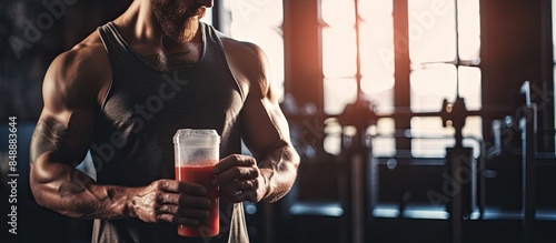A well built man mixing a protein drink in a shaker at the gym holding a blender bottle Toned image with copy space for text photo