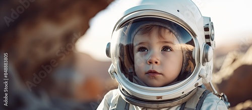 A young child is wearing an astronaut outfit in a picture with copy space image
