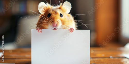 Banner with a cute hamster is holding a blank white sheet with its tiny paws. Copy space for your text photo