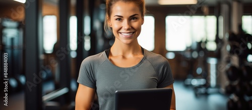 A female personal trainer is smiling at the camera in a gym holding a tablet in a portrait with copy space image photo