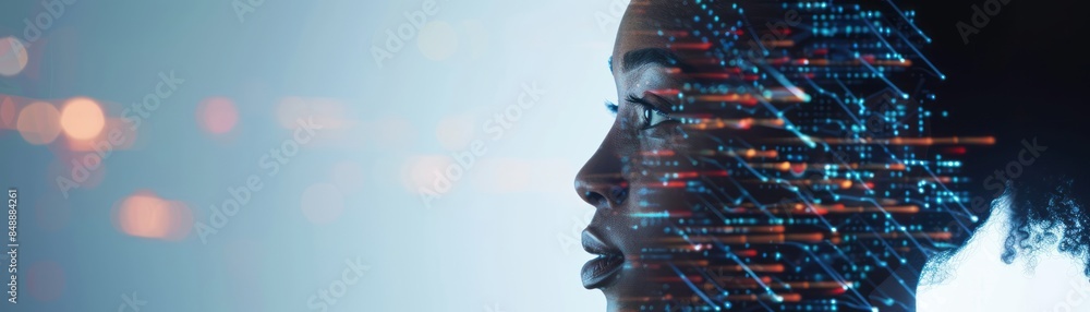Fototapeta premium Womans Face Overlaid With Digital Data Streams in Profile View