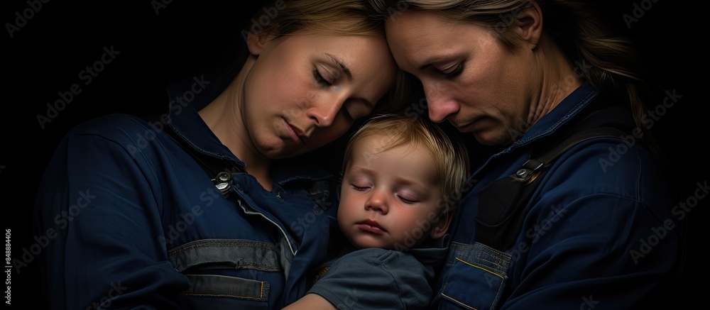 In a professional portrait image a sweet baby boy in blue overalls sleeps in his parents arms surrounded by warm hugs on a black backdrop with copy space image In a professional portrait image a sweet baby boy in blue overalls sleeps in his parents arms surrounded by warm hugs on a black backdrop with copy space image