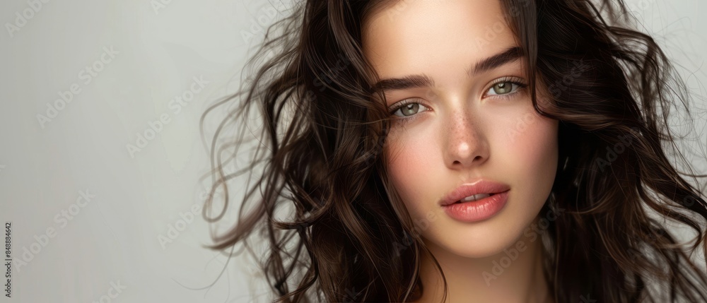 Woman With Long, Wavy Dark Brown Hair Looking at Camera Woman With Long, Wavy Dark Brown Hair Looking at Camera