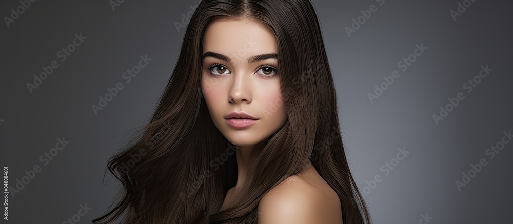 Fototapeta premium Brunette girl showcasing smooth hair and classic makeup displaying beauty in a studio photo with a copy space image