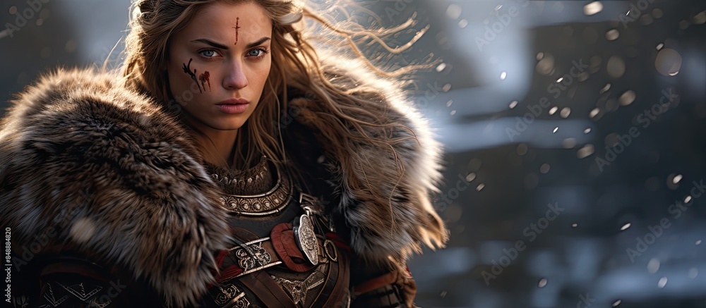 A fantasy warrior woman in armor and fur equipped with a sword scabbard ...
