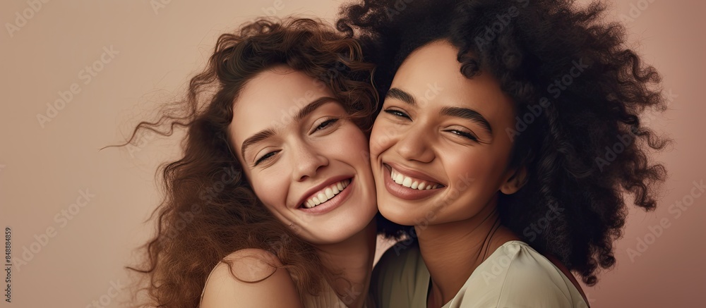 Close up headshot of a joyful mixed race girl embracing her happy Indian female friend expressing strong friendship with success featuring copy space image Close up headshot of a joyful mixed race girl embracing her happy Indian female friend expressing strong friendship with success featuring copy space image