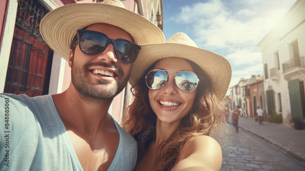 couple smiling and taking a selfie during their vacation couple smiling and taking a selfie during their vacation