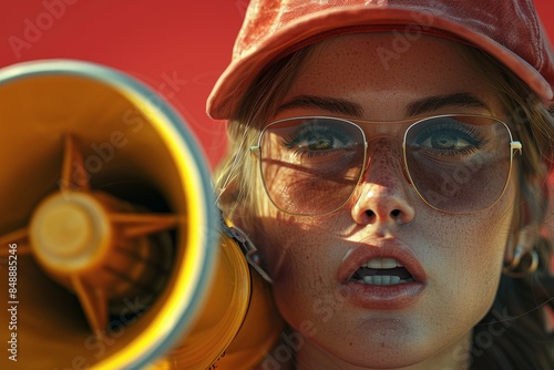 Close-up Portrait of Woman with Megaphone Wearing Cap and Sunglasses Against Vibrant Red Background Highlighting Intensity and FocusPortrait photo