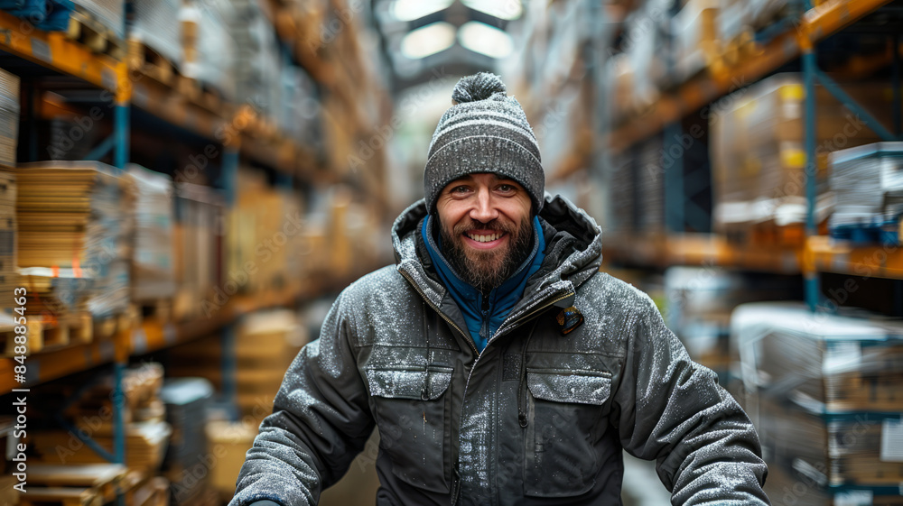Happy warehouse worker navigating aisles of lumber with a handcart, showcasing efficiency and joy.generative ai Happy warehouse worker navigating aisles of lumber with a handcart, showcasing efficiency and joy.generative ai