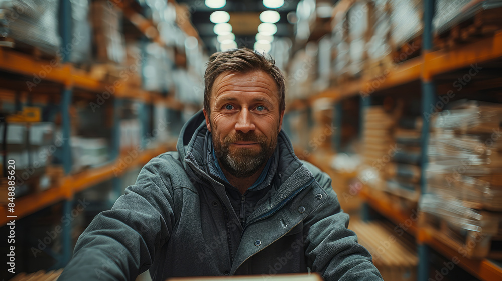 Happy warehouse worker navigating aisles of lumber with a handcart, showcasing efficiency and joy.generative ai