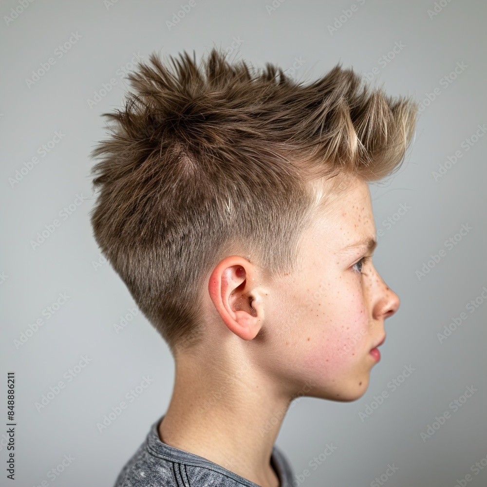 Obraz premium A closeup of a teenage boy's faux hawk with a skin fade, highlighting the dramatic height and sharp fade against a solid light grey background.