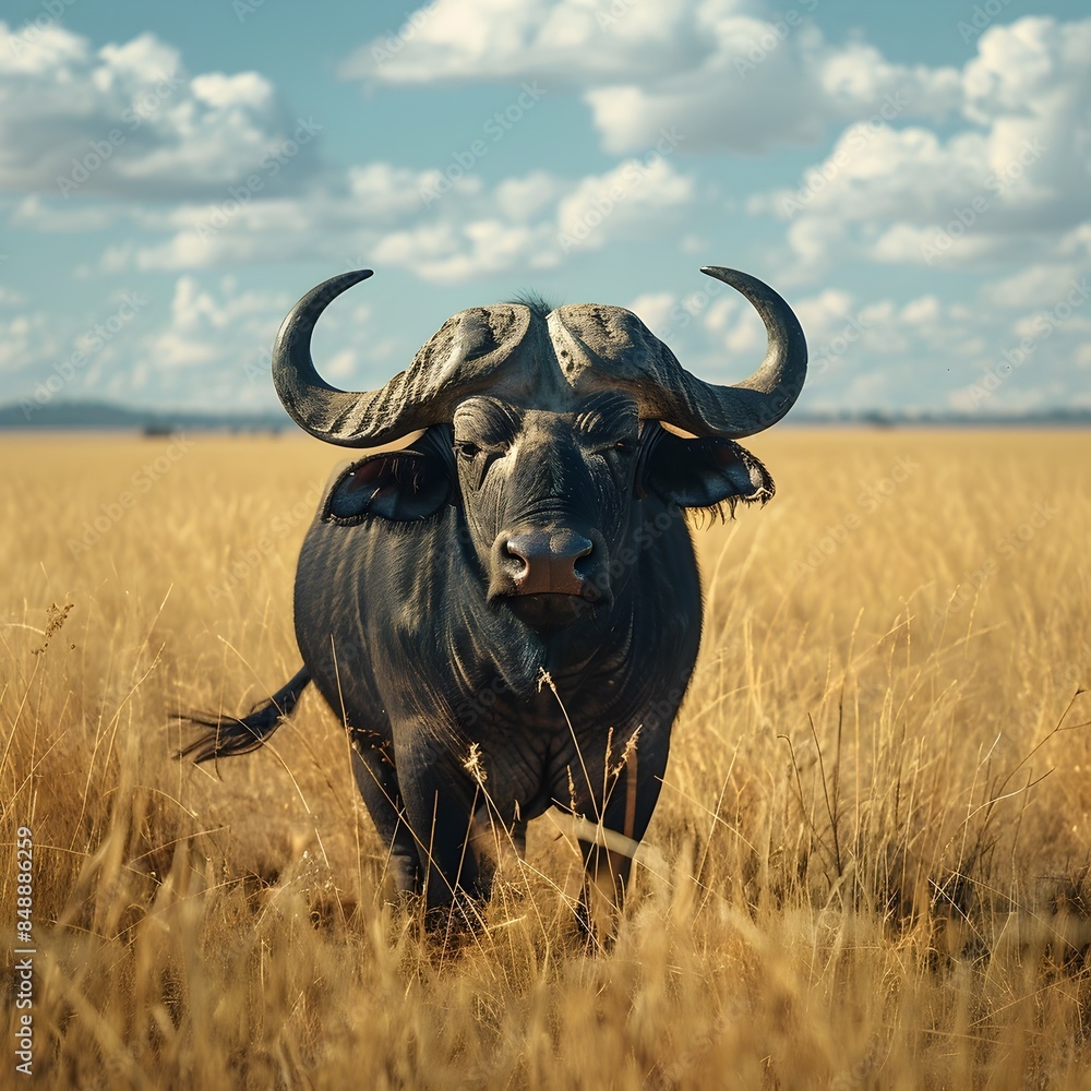 Powerful and Majestic Buffalo Roaming the Grasslands in a Serene Landscape Powerful and Majestic Buffalo Roaming the Grasslands in a Serene Landscape