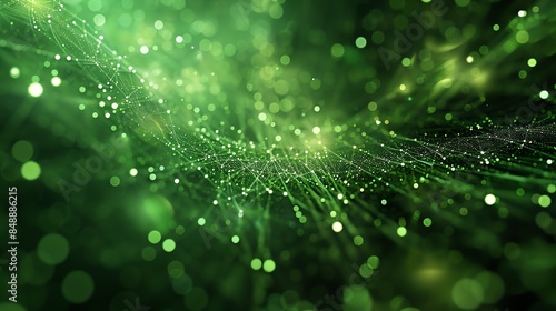 Abstract glowing green background with network of interconnected dots and lines, resembling a digital circuit board or a constellation of stars.