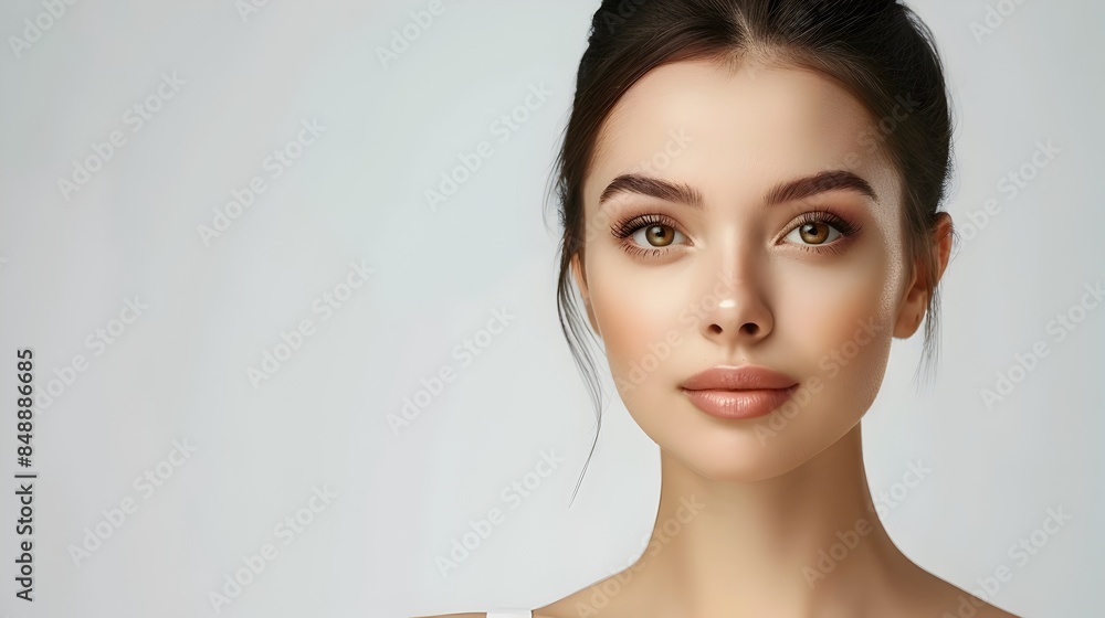 Naklejka premium Flawless Skin Beauty Portrait of Graceful Young Woman in White Dress on Serene White Background