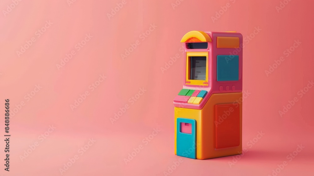 Colorful toy ATM machine isolated on a pink background Colorful toy ATM machine isolated on a pink background