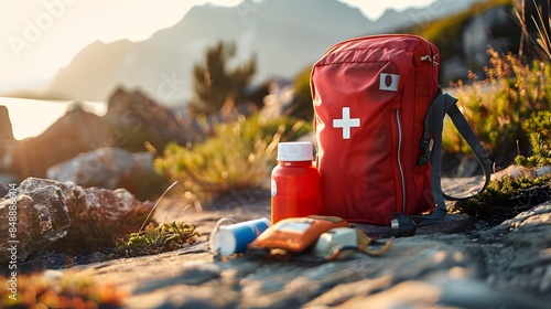 First Aid Kit for Outdoor Adventure and Survival in Nature Landscape photo