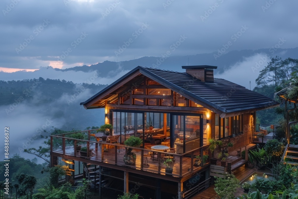 Resort with a wooden deck and a view of the mountains. rain season travel Resort with a wooden deck and a view of the mountains. rain season travel