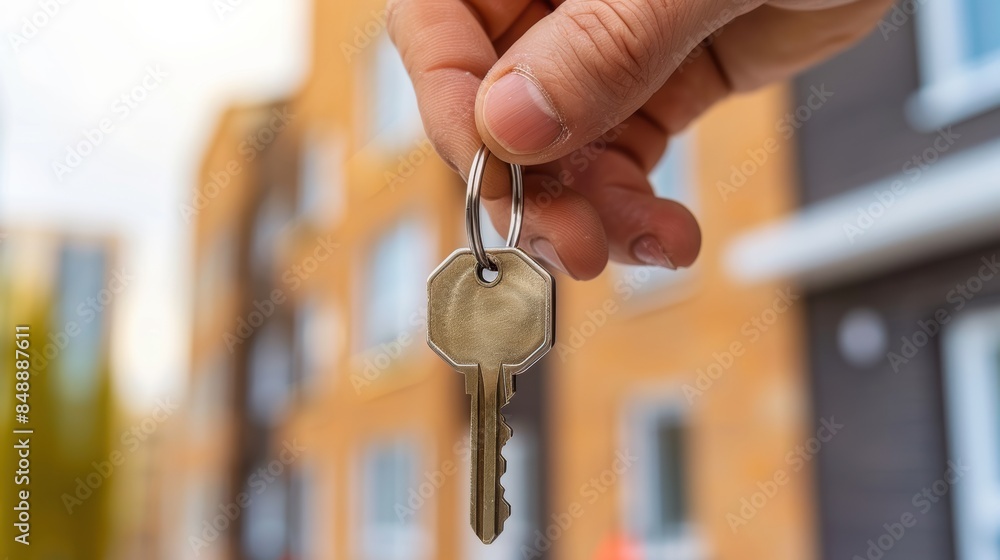 Close up Man Hand hold key house keychain in new apartment Close up Man Hand hold key house keychain in new apartment