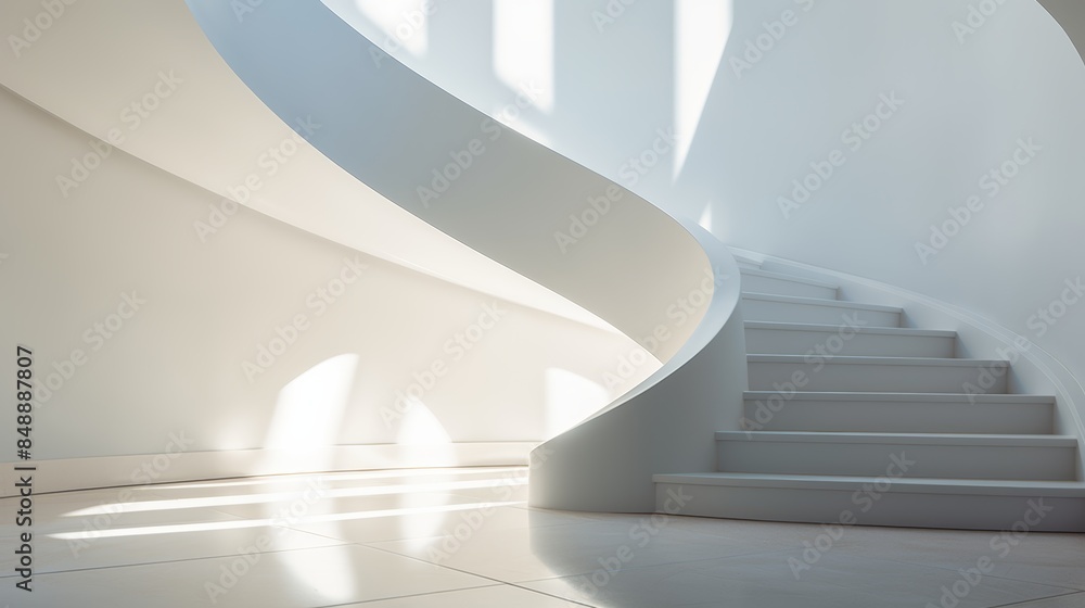 Obraz premium winding staircase bathed in soft natural light, casting long shadows against a clean white backdrop.