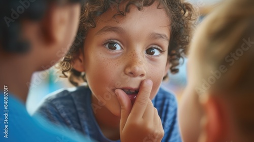 Close up photography of child whispering at classroom with blurring background. Happy elementary student chitchatting or talking or sharing secret together with diverse friend with curious. AIG42. photo