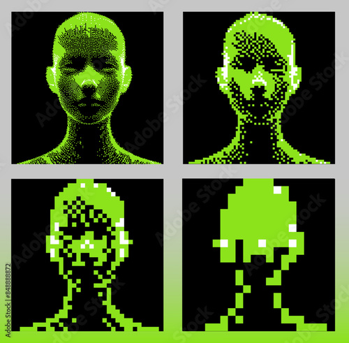 Sequence of images with a man's head that goes down in resolution. Vector conceptual illustration of quality loss during compression.