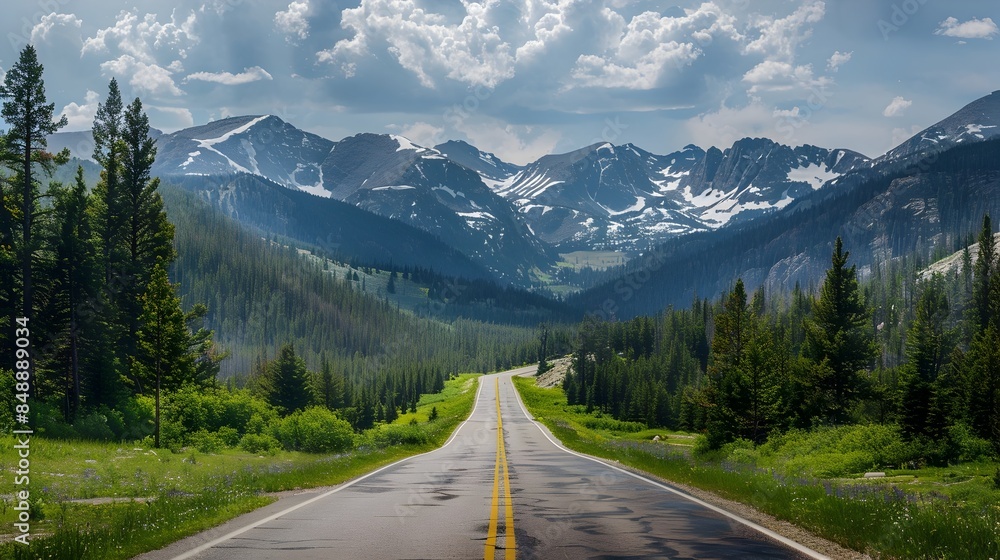 Naklejka premium Scenic Mountain Road Leading to Distant Peaks Through Lush Pine Forests and Meadows