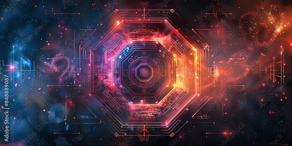 Obraz premium A hexagon, mystical design inspired by the I Ching, with ancient Chinese symbols and hexagrams. surrounded by an intricate pattern of trigrams. The background is a gradient of deep blue and purple 2:1