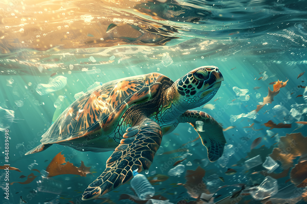 Fototapeta premium Turtle swims near a plastic bottle or bag. The concept of plastic pollution in ocean.