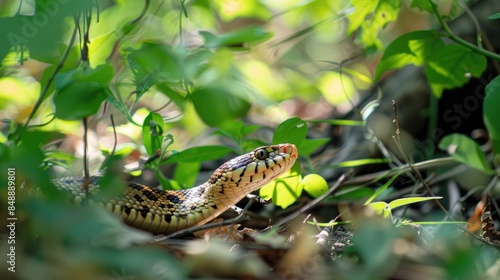 Gopher snake moving stealthily through the undergrowth of the forest photo