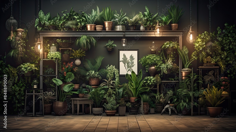 Black wall in interior of a green house in loft style with shelving, frames and retro lamps and many homemade potted plants in flowerpot. Black wall in interior of a green house in loft style with shelving, frames and retro lamps and many homemade potted plants in flowerpot.