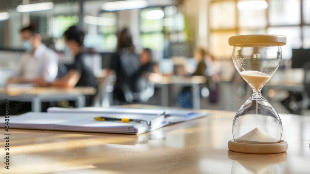 An hourglass on a desk in an open-plan office, with blurred figures and desks visible in the background, symbolizing the passage of time and work focus. An hourglass on a desk in an open-plan office, with blurred figures and desks visible in the background, symbolizing the passage of time and work focus.