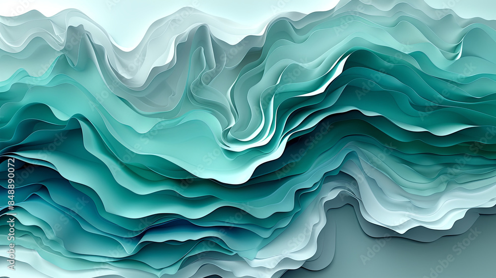Fototapeta premium Abstract Teal and White Paper Cutout Waves Creating Depth and Movement, High-Resolution Vector Illustration for Backgrounds, Packaging, Web Graphics, and More