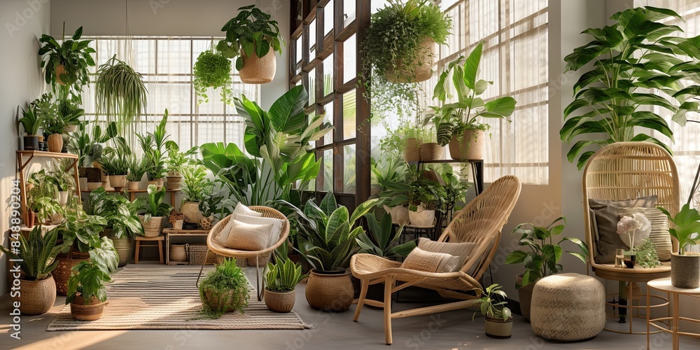 Interior of the living room of a green house, a winter garden, a glazed veranda in eco-style made of natural materials and many homemade potted plants in wicker flowerpot. Interior of the living room of a green house, a winter garden, a glazed veranda in eco-style made of natural materials and many homemade potted plants in wicker flowerpot.