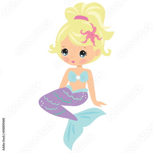 Cute little blonde mermaid vector cartoon illustration
