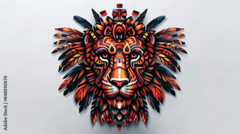 Fototapeta premium A stunning Mayan lion face tattoo displayed on a clean white backdrop captured in a captivating 2d illustration