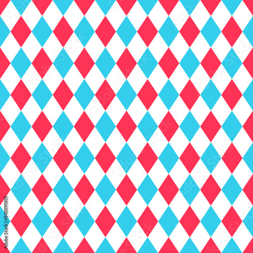 Checkered diamond texture. Circus seamless pattern. Harlequin lozenge background. Blue and red rhombus plaid prints. Vector illustration. Modern argyle geometric backdrop.
