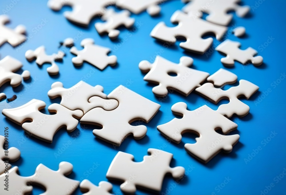 A close-up of white jigsaw puzzle pieces on a blue background A close-up of white jigsaw puzzle pieces on a blue background