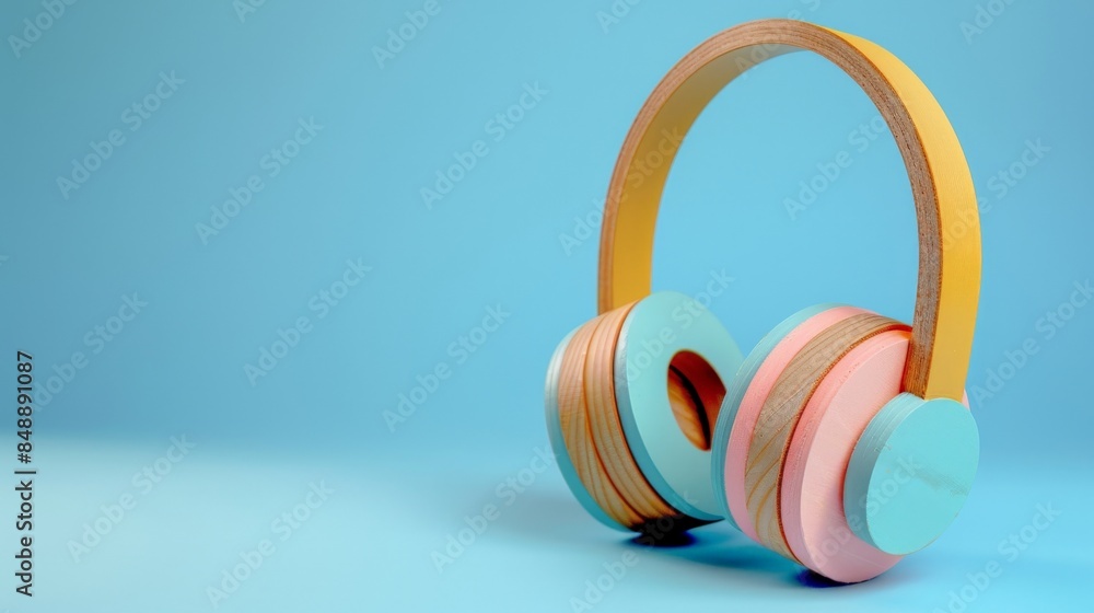 Colorful wooden headphones on a blue background Colorful wooden headphones on a blue background