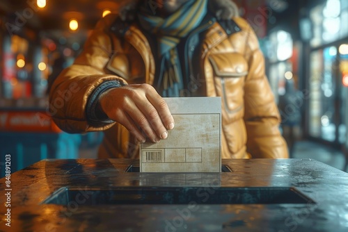 Person in a Warm Winter Jacket and Scarf Submitting a Mail-in Ballot into a Public Collection Box Under Soft Ambient Lighting in an Urban Setting Blurred BackgroundVoting photo