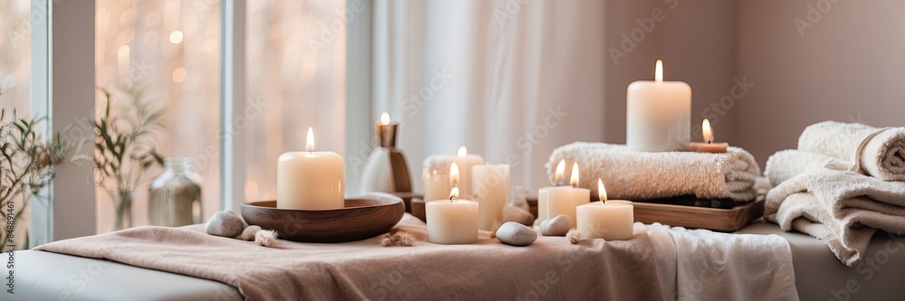 Massage table with towels and candles, cozy bathroom in eco-style and beige tones with natural materials. Rolled towels, relaxing atmosphere. Massage table with towels and candles, cozy bathroom in eco-style and beige tones with natural materials. Rolled towels, relaxing atmosphere.