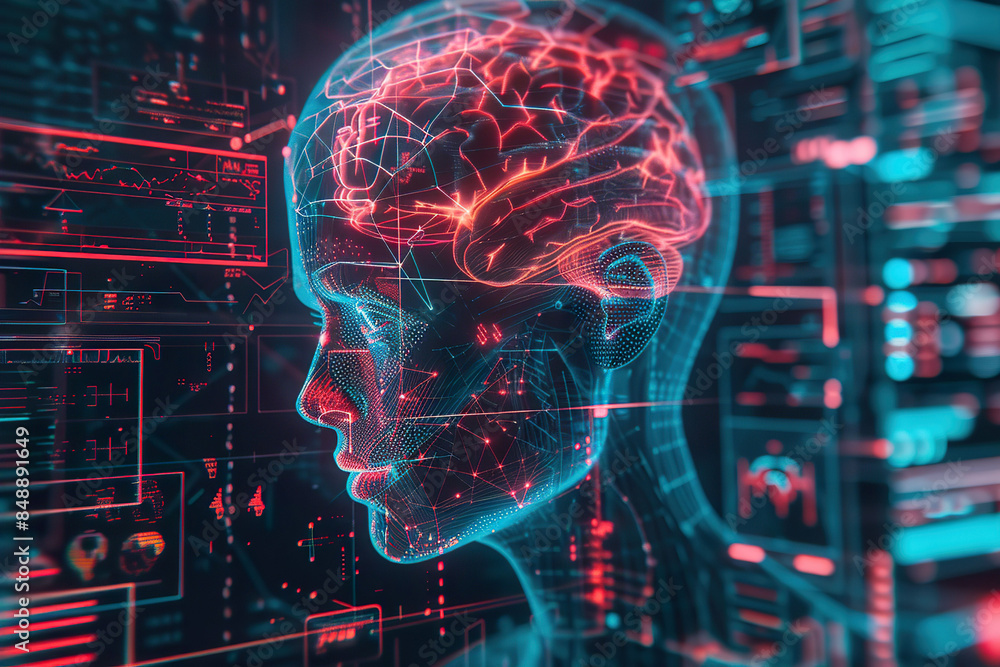A digital brain and human profile with intricate data overlays A digital brain and human profile with intricate data overlays